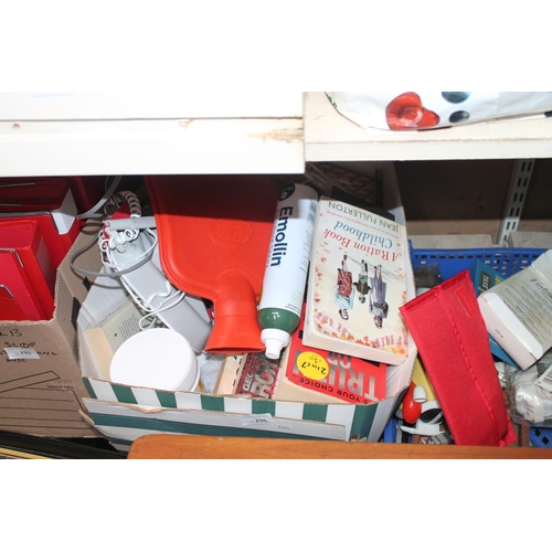 296 - BOX OF MIXED ITEMS INCLUDING  HOUSEHOLD TELEPHONE, HOT WATER BOTTLE, BOOKS ETC