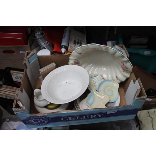 302 - BOX WITH COASTERS, BOWLS, MILK JUG, PLATES AND OTHER MIXED CHINAWARE