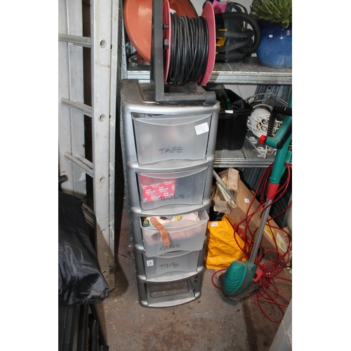 60 - PLASTIC STORAGE DRAWERS AND CONTENTS INCLUDING SELLOTAPE ETC