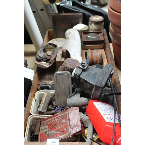 303 - LARGE BOX OF ASSORTED TOOLS, TINS, COLLECTABLES AND WEIGHTS