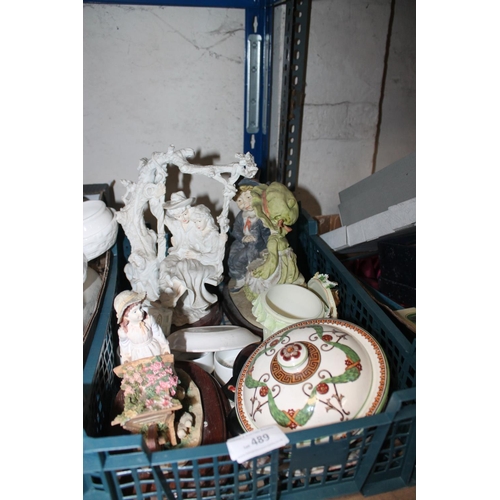 489 - TRAY OF PORCELAIN FIGURINES, SOAP DISHES AND PIN DISHES