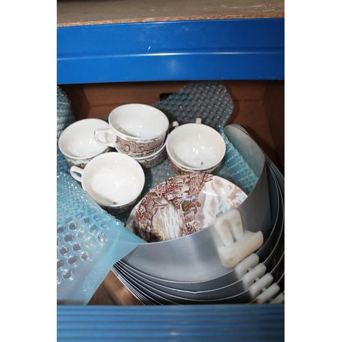 507 - BOX OF KITCHEN ITEMS, CUPS, SAUCEPANS AND CERAMIC TRAYS