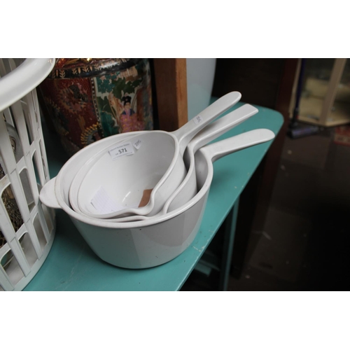 571 - 3 X VINTAGE WHITE CERAMIC SAUCEPANS