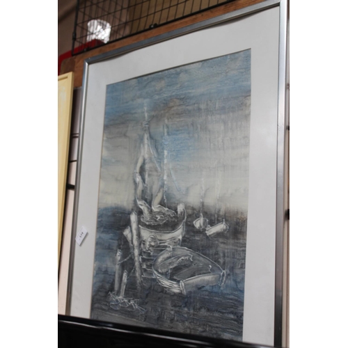 574 - FRAMED PAINTING OF MOORED BOATS