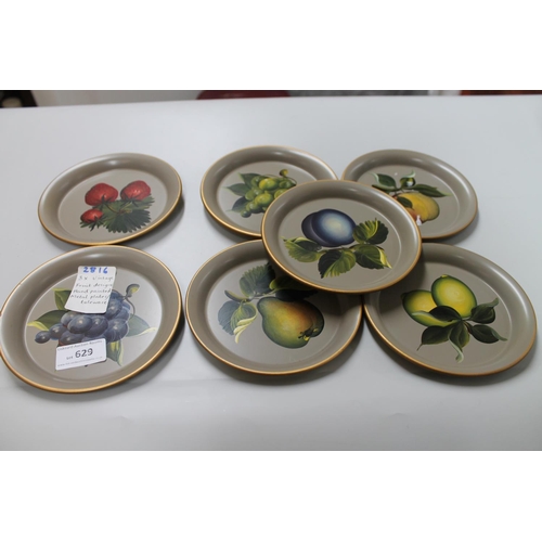 629 - 8 X VINTAGE FRUIT DESIGN HAND-PAINTED METAL PLATES