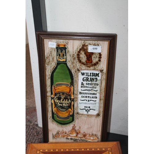 699 - FRAMED AND GLAZED MAJOLICA PAINTED WILLIAM GRANTS DISTILLERY PLAQUE