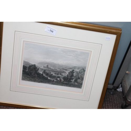 726 - 2 X FRAMED AND GLAZED ENGRAVINGS. WINDSOR CASTLE AND 1 OTHER