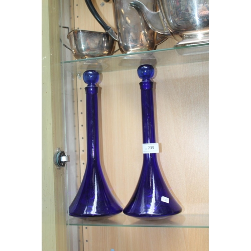 735 - 2 X BLUE GLASS DECANTERS