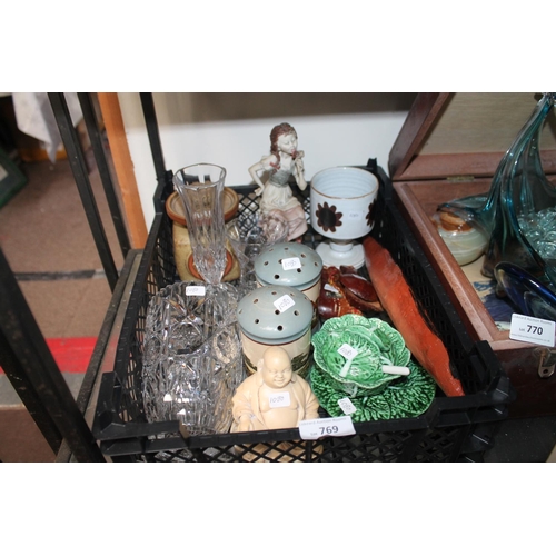 769 - BOX OF CERAMIC ITEMS, SALT AND PEPPER POTS AND GLASSWARE