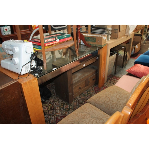 685 - CHUNKY PINE GLASS TOP AND CHROME DINING TABLE