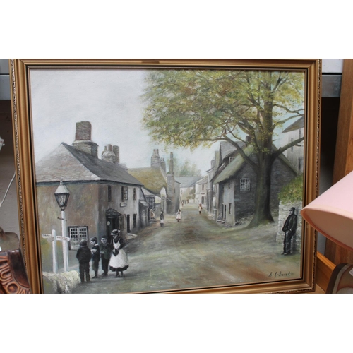 717 - GILT FRAMED OIL ON CANVAS OF A VICTORIAN VILLAGE SCENE