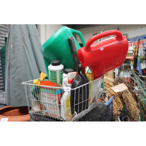 224 - BASKET OF CLEANING PRODUCTS AND 2 X PLASTIC WATERING CANS