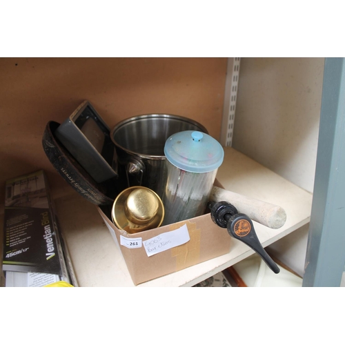 261 - BOX WITH COCKTAIL SHAKER, ICE BUCKET AND PUB ASHTRAYS