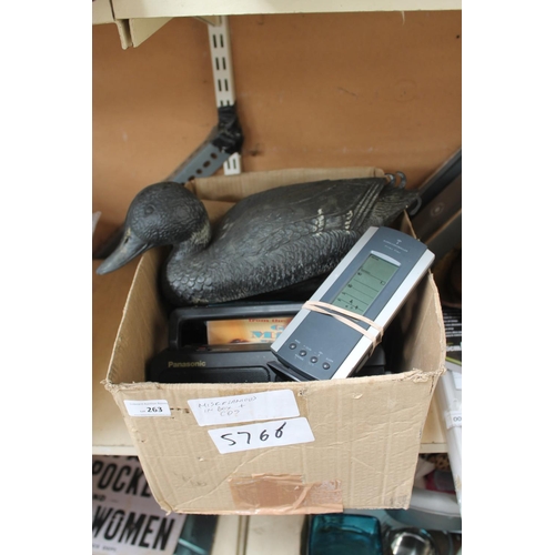 263 - PLASTIC DUCK, RADIO AND LEATHER HANDBAG ETC