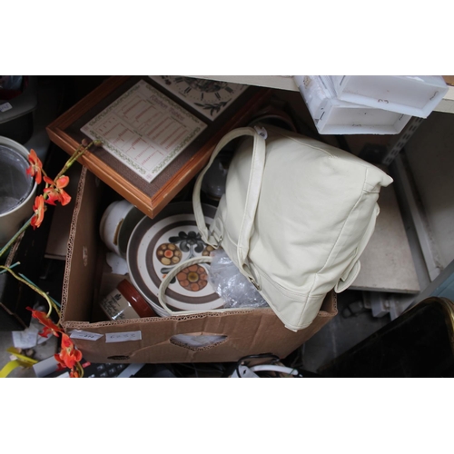 272 - BOX OF ASSORTED HANDBAGS, BATTERY OPERATED CLOCK AND CHINAWARE