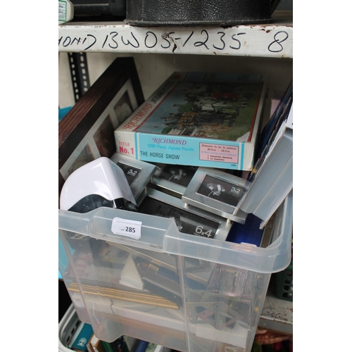 285 - BOX OF PICTURE FRAMES, JIGSAW PUZZLE AND CHILDRENS TOYS ETC