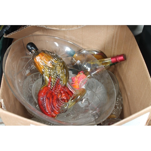 304 - BOX OF GLASSWARE INCLUDING COCKEREL OIL POURERS, LARGE BOWLS AND OIL BOTTLES