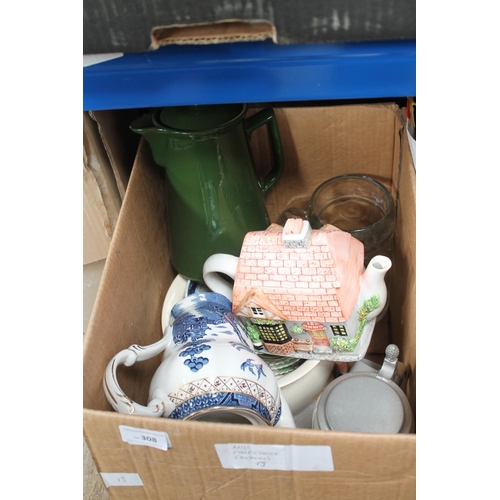 308 - BOX OF MISC NOVELTY TEAPOTS, BLUE AND WHITE JUG, TANKARDS ETC