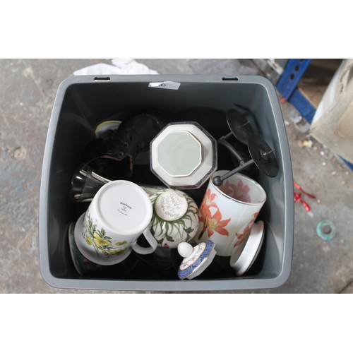 311 - PLASTIC BIN OF ASSORTED CHINA, TEA CUPS AND MUGS