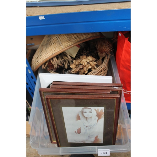 324 - BOX OF ASSORTED PICTURE FRAMES, WICKER BASKET AND GLASS SHADES