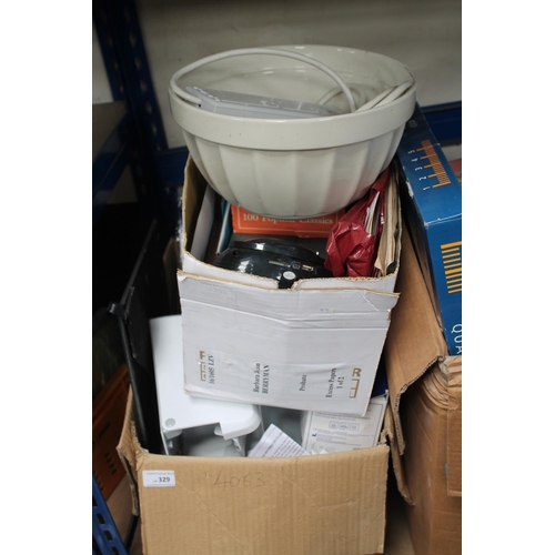 329 - LARGE BOX OF KITCHEN ITEMS, BOWLS AND ELECTRIC EXTENSION LEADS