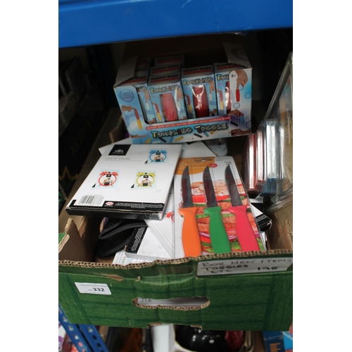 332 - BOX OF NEW ITEMS, TOGGLES, KNIVES AND PHOTO FRAMES ETC