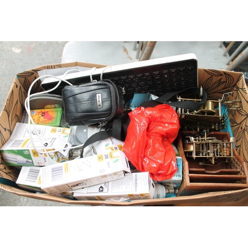 334 - BOX OF BULBS AND BRASS CLOCK MECHANISM, KEYBOARD AND CAMERA