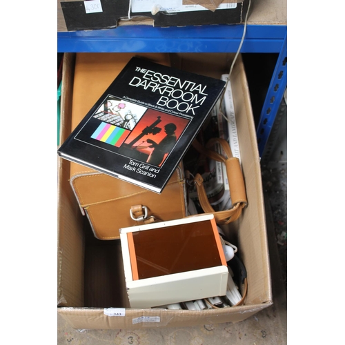 343 - LARGE BOX OF MIXED PHOTOGRAPHY ITEMS, HARD CAMERA BAG, VINTAGE SAFE LIGHT, ALUMINIUM STANDS AND BOOK... 