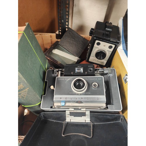 302 - VINTAGE CAMERAS, TRIPOD AND BOOK FOR DISPLAY