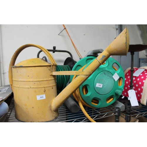 13 - GALVANISED YELLOW WATERING CAN WITH ROSE