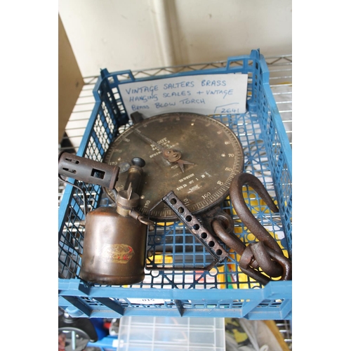 15 - VINTAGE SALTERS BRASS HANGING SCALES AND VINTAGE BRASS BLOW-LAMP