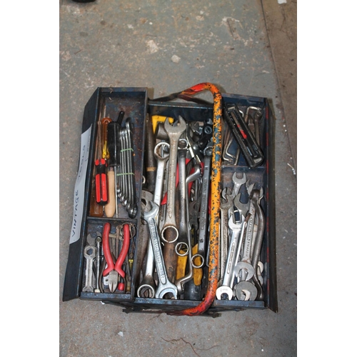 33 - VINTAGE BLUE METAL TOOL BOX FULL OF CONTENTS