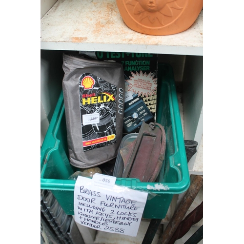 56 - BRASS VINTAGE DOOR FURNITURE, INCLUDING 2 LOCKS WITH KEYS, HINGES, KNOCKER, LETTERBOX AND HANDLES