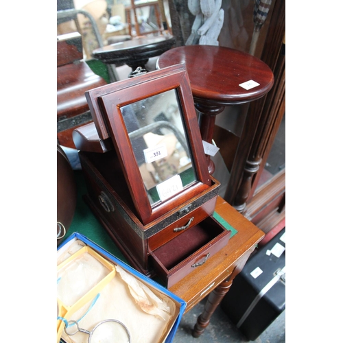 391 - MAHOGANY 2 DRAWER FOLDING DESKTOP MIRROR/JEWELLERY BOX