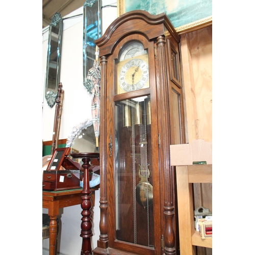 398 - LARGE OAK EMPEROR THREE WEIGHT PENDULUM LONG CASED CLOCK  WORKING ORDER