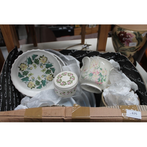 675 - LARGE BOX OF CERAMICS, PORTMERION FLAN DISH AND ROYAL MINTON VASES