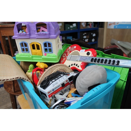 710 - LARGE TRUNK, CHILDS ELECTRIC GUITAR AND A FISHER PRICE DOLLS HOUSE