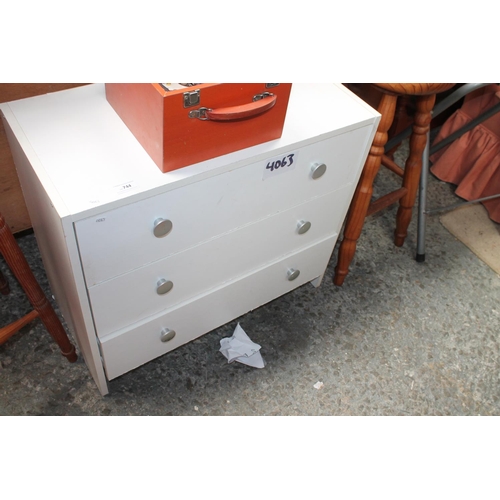 744 - WHITE 3 DRAWER MELAMINE CHEST OF DRAWERS