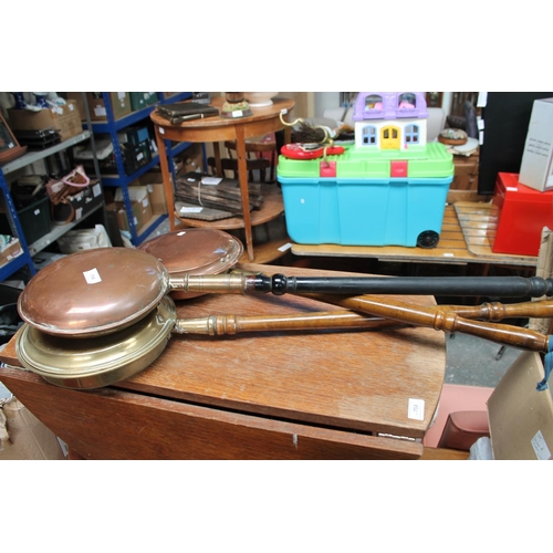 754 - 2 X COPPER AND 1 X BRASS WARMING PAN