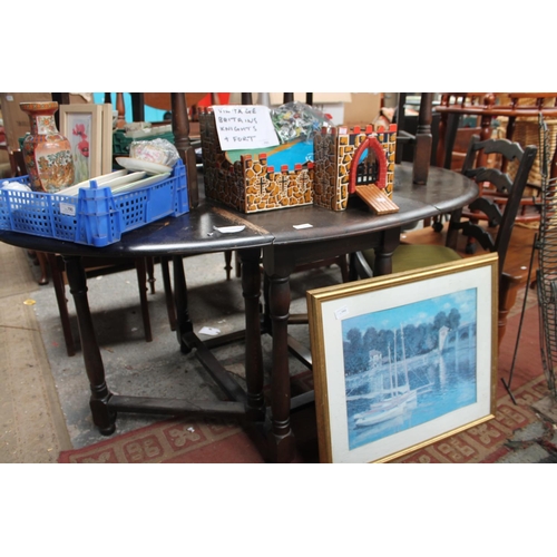 792 - DARK OAK GATE LEG TABLE WITH 4 LADDERBACK CHAIRS