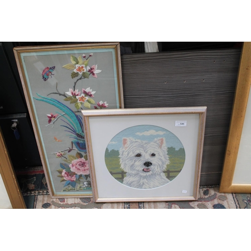 545 - FRAMED AND GLAZED SCOTTIE DOG TAPESTRY AND A PEACOCK PICTURE