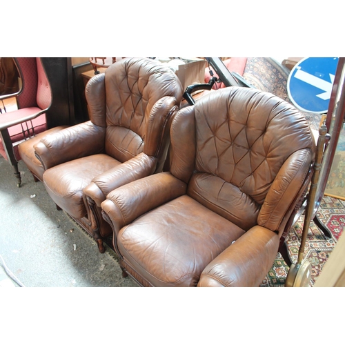 589 - BROWN LEATHER RECLINER CHAIR, ONE ARMCHAIR AND A BROWN POUFFE