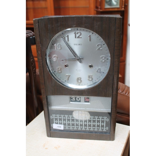 608 - SEIKO MANTLE CLOCK WITH KEY AND PENDULUM, GOOD WORKING ORDER