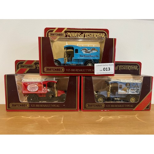 13 - 3 X MATCHBOX MODELS OF YESTERYEAR,
Y-25 1910 RENAULT TYPE AG,
ADVERTISING SUCHARD CHOCOLAT / THE EAG... 