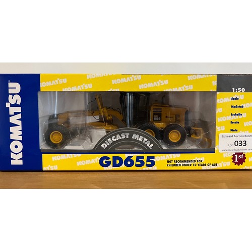 33 - KOMATSU GD655 MOTOR GRADER, 50-3062, DIE CAST, 1:50, BOXED, GREAT CONDITION