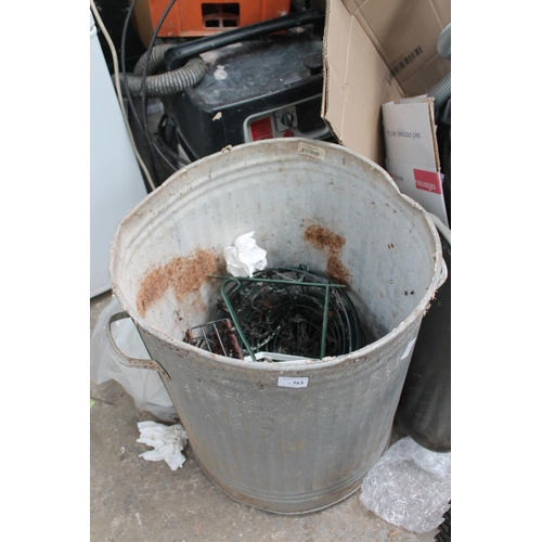 763 - GALVANISED DUSTBIN WITH LID PLUS CONTENTS