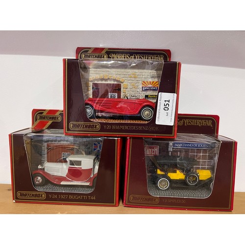 51 - 3 X MATCHBOX MODELS OF YESTERYEAR, 1 X Y-24 1927 BUGATTI 1:38, 1 X Y-20 1938 MERCEDES BENZ 540K 1:45... 