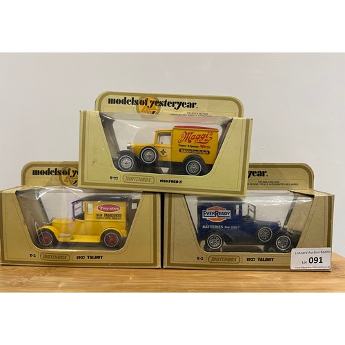 91 - 3 X MATCHBOX MODELS OF YESTERYEAR, 1 X Y5 1927 TALBOT 1:47 (EVERREADY BATTERIES), 1 X Y5 1927 TALBOT... 