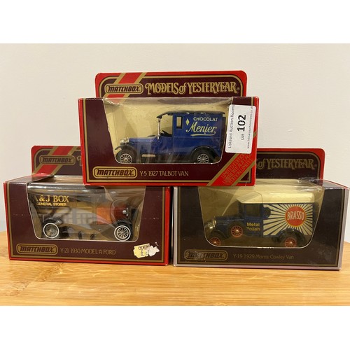 102 - 3 X MATCHBOX MODELS OF YESTERYEAR, 1 X Y5 1927 TALBOT VAN (MENIER CHOCOLAT) 1:47, 1 X Y21 1930 MODEL... 