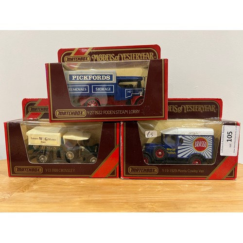 105 - 3 X MATCHBOX MODELS OF YESTERYEAR, 1 X Y13 1918 CROSSLEY (WARINGS) 1:47, 1 X Y27 1922 FODEN STEAM LO... 